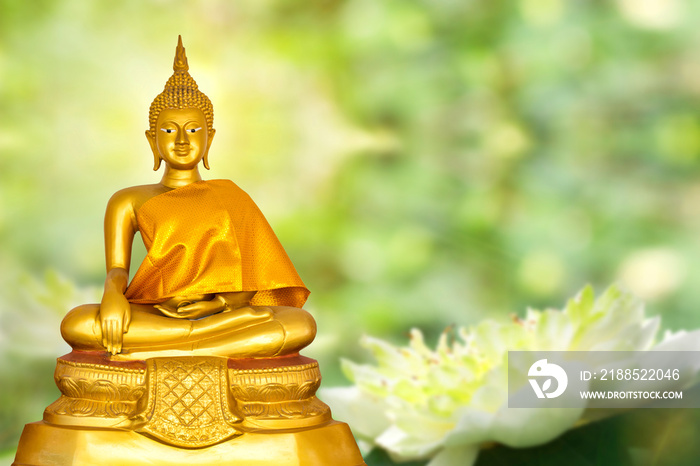 Buddha statue with abstract green bokeh nature background and copy space