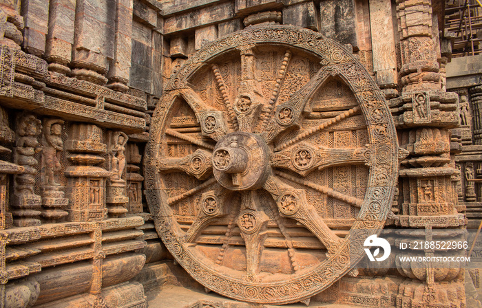 Stone chariot wheel at the Konark Sun Temple, Odisha, India