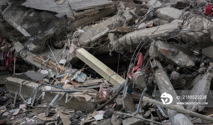 Modern destroyed building ruins closeup