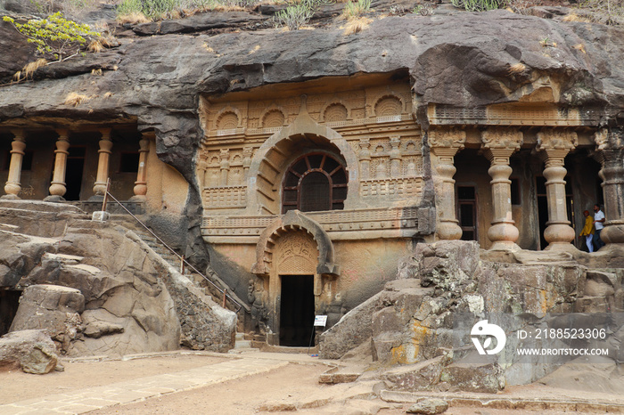 Front view or facade of Nasik Caves aka Pandavleni Caves, Pandu Lena, Pandu Caves or Trirashmi Leni were built by Hinayana Buddhists in 3rd century BC. Nashik tourism.