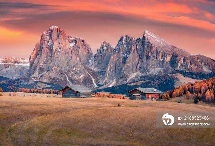 Fantastic autumn sunrise on Alpe di Siusi mountain plateau with beautiful yellow larch trees and Langkofel (Sassolungo) mountain on background. Amazing morning view of Dolomite Alps, Italy, Europe.