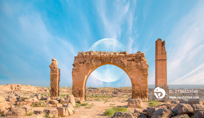 Ruins of the ancient city of Harran with full moon - Urfa , Turkey (Mesopotamia) - Old astronomy tower  Elements of this image furnished by NASA