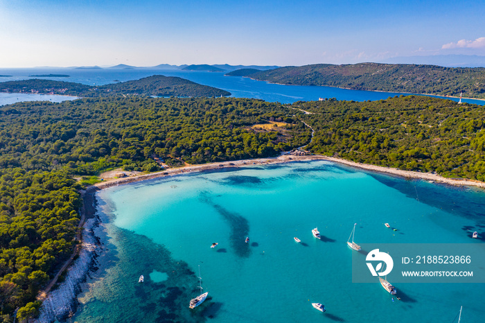 Aerial view of sailing boats in a beautiful azure turquoise lagoon on Sakarun beach bay on Dugi Otok island, Croatia, beautiful seascape