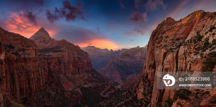 Beautiful aerial panoramic landscape view of a Canyon. Dramatic Colorful Summer Sunset Artistic Render. Taken in Zion National Park, Utah, United States.