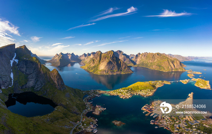 Panorama of mountains, fjords and fishing villages in Lofoten islands, Norway