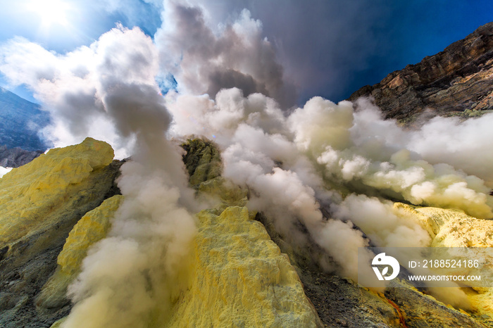 Toxic vappors of sulfur mining, Mount Ijen crater lake, East Java, Indonesia