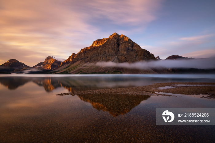 A foggy morning at Bow lake, Canadian Rockies, Alberta, Canada