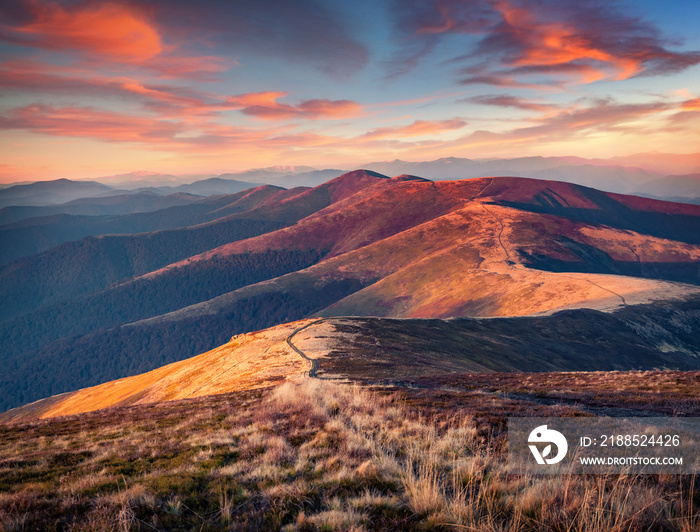 First sunlight glowing mountain hills of Carpathian mountains, Ukraine, Europe. Picturesque autumn view of Borzhava ridge with old country road. Beauty of nature concept background.