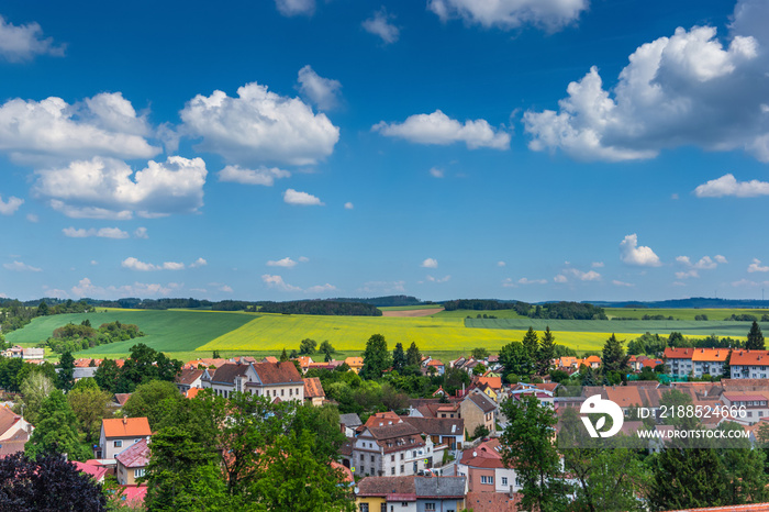 Aerial view of the Telc city and czech countryside.