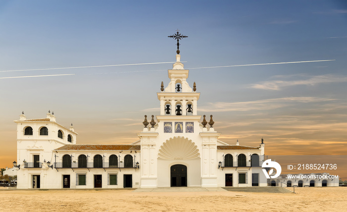 El Rocio hermitage in a cloudy day at small village with the same name in Almonte, Huelva, Andalusia, Spain