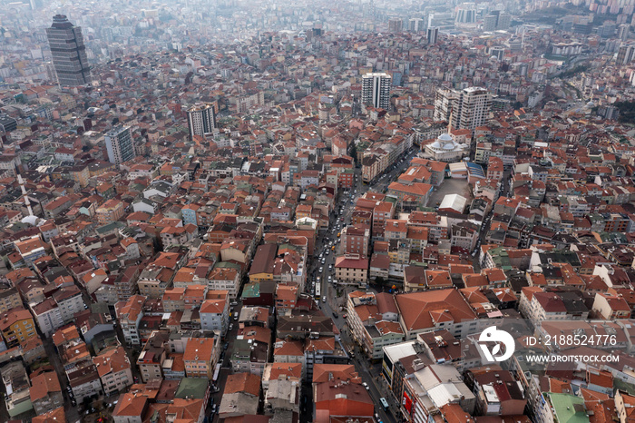 High angle aerial panoramic view of houses and business centers in Maslak region of Sariyer district, Istanbul