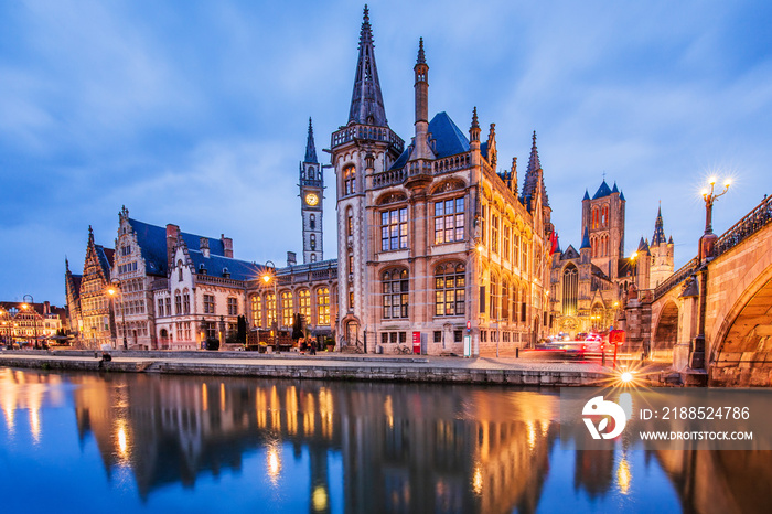 Ghent, Belgium. Medieval buildings overlooking the Graslei harbor on Leie river.