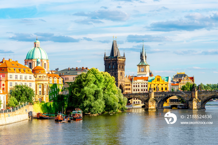 Citycsape view on the riverside with the bridge and old town in Prague