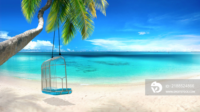 Beautiful tropical beach with white sand, turquoise ocean on  background blue sky with clouds on sunny summer day. Tilted palm tree with swing. Perfect landscape  background for relaxing vacation.