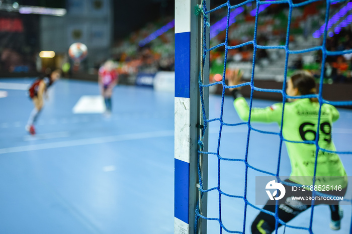 Detail of handball goal post with net and handball match in the background.