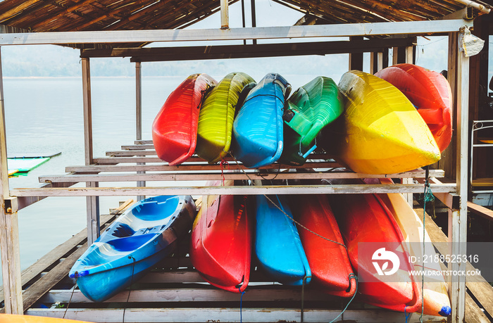 Kayak for rent at Mae Ngad Dam in Chiang Mai, Thailand. Fiberglass kayaks. Colorful kayaks, Colorful kayaks on the beach.