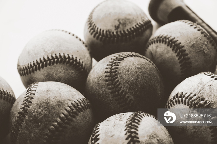 Old vintage group of balls for baseball concept.