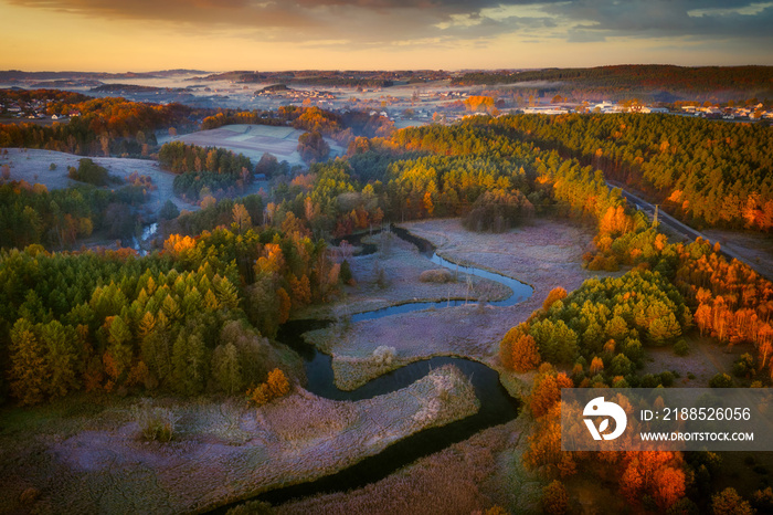 Radunia river meanders in the autumnal scenery before sunrise, Kashubia. Poland