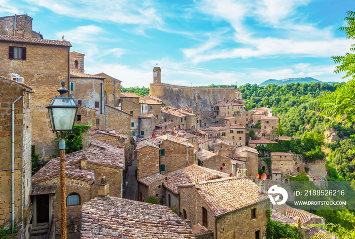 Sorano (Italy) - An ancient medieval hill town hanging from a tuff stone in province of Grosseto, Tuscany region, know as the Little Matera.