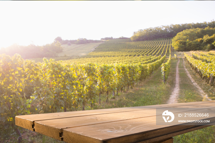 Brown wood table in autumn vineyard landscape with empty copy space on the table for product display mockup. Winery and wine tasting concept.