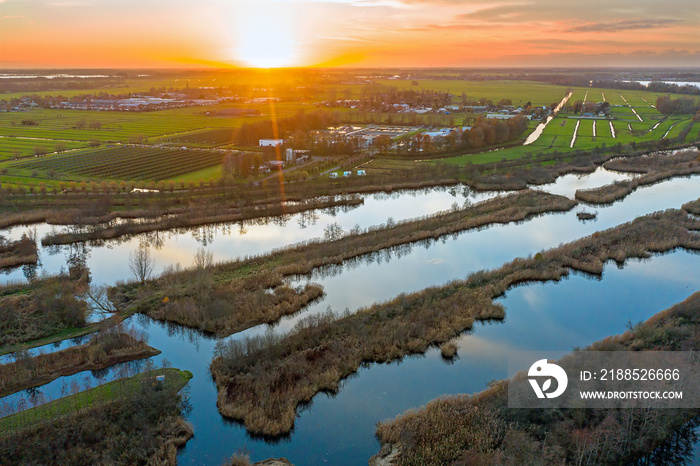 Aerial from the Ankeveense Plassen in the Netherlands at sunset