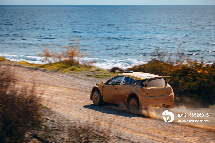 Rally racing car in dirt track