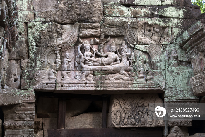 Angkor Cambodia, carving of Hindu Vishnu god reclining on serpent on lintel at the 12th century Preah Khan temple