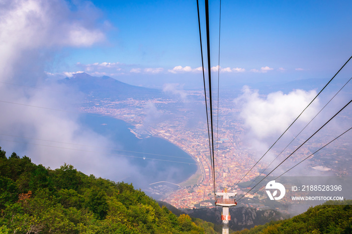 Landscape view of beautiful green mountains and Mount Vesuvius and the Bay of Naples from Mount Faito, Naples (Naploi), Italy, Europe