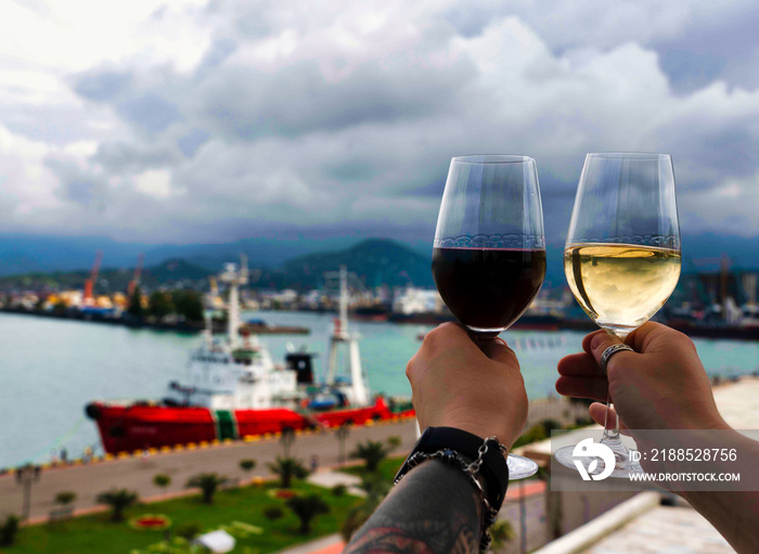 wine and view of the seaport