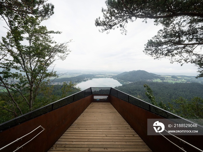 Panorama of Klopeiner See Lake from observation deck platform viewpoint Kitzelberg Sankt Kanzian Carinthia Austria