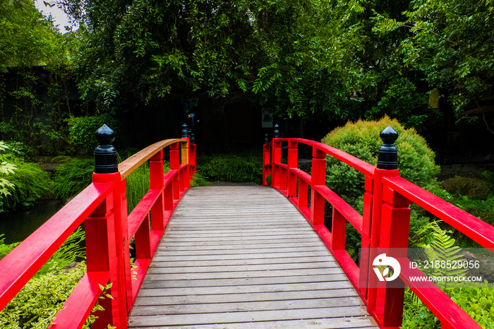 Red wooden bridge at the Japanese Garden.