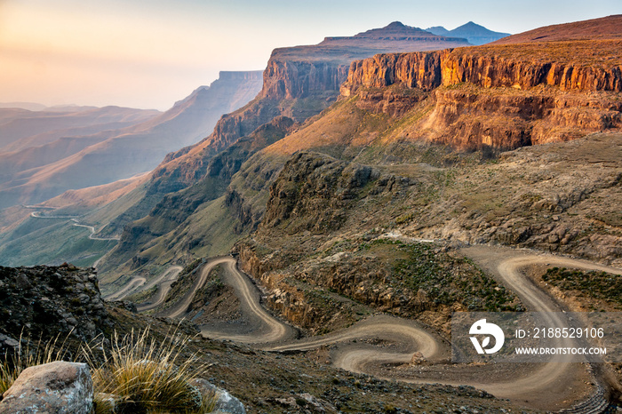 Travel to Lesotho. The winding Sani Pass dirt road between South Africa and Lesotho