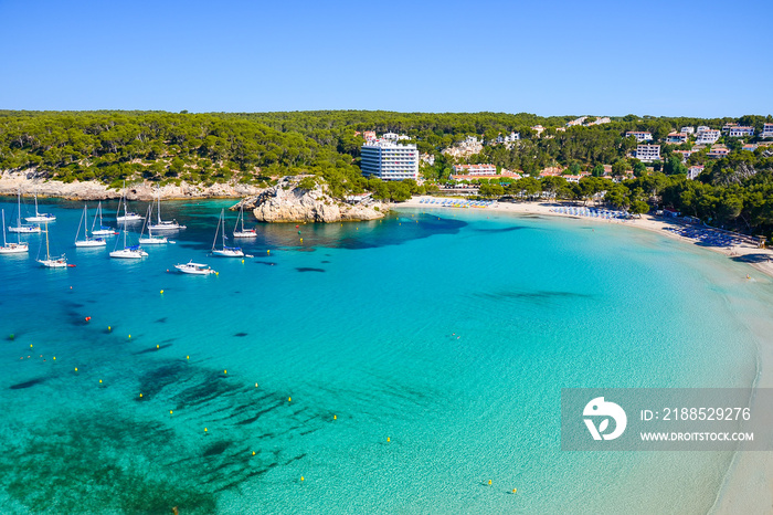 View of beautiful bay and beach of Cala Galdana, Menorca island, Spain