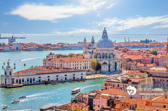 Santa Maria della Salute and Punta della Dogana in the Grand Canal of Venice, view from the top of Basilica San Marco