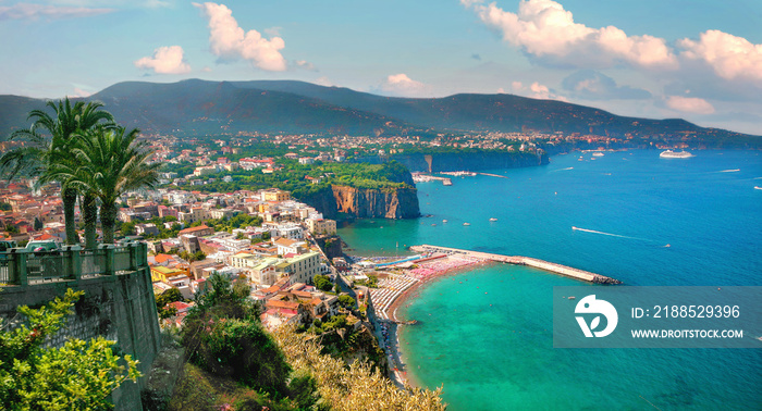 Coastline with view of gulf and Sorrento town. Amalfi coast, Campania, Italy