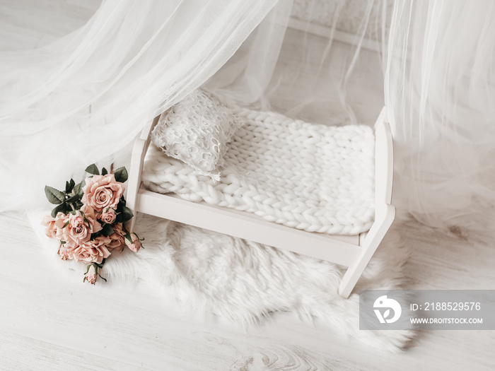 Newborn baby girl bed in a photo studio with dusty pink roses