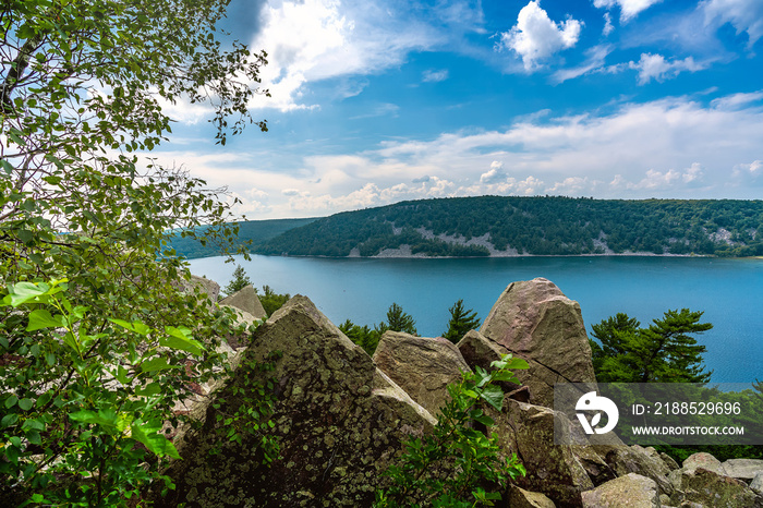 A scenic viewpoint on the East Lake Bluff Trail at Devil’s Lake State Park in Baraboo, Wisconsin USA.