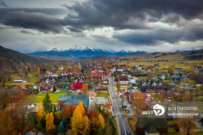 The autumn landscape of Bialka Tatrzanska village with a view of the Tatra Mountains. Poland