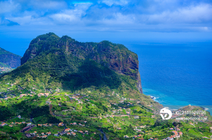 Landscape scenery from Portela Viewpoint - Porto da Cruz at beautiful coast and mountains in the north of Madeira island - Ribeira Frio-Portela, Portugal.