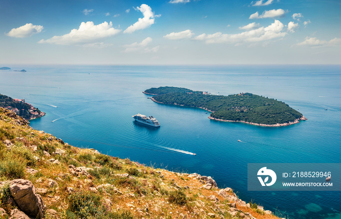 Colorful summer seascape of Adriatic sea. Aerial morning view of Lokrum island from Dubrava Observation Point, Croatia, Europe. Beautiful world of of scene Mediterranean countries.