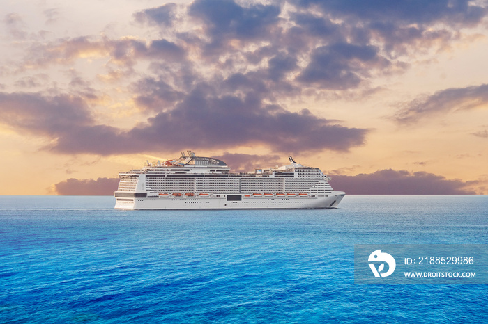 Luxury cruise ship vacation in blue azure sea sky with clouds sunset. Concept travel background