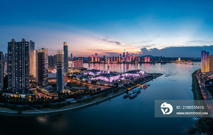 航拍长沙北辰三角州滨江文化园洲头广场夜景