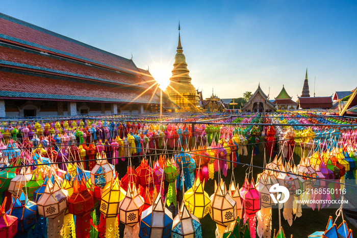 The Beautiful Lanna lamp lantern are northern thai style lanterns in Loi Krathong or Yi Peng Festival at Wat Phra That Hariphunchai is a Buddhist temple in Lamphun, Thailand.