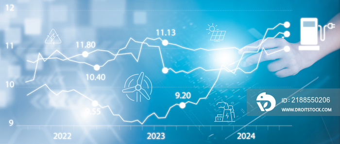 Oil energy graph of the world market, impact on the economy concept,Hand touch chart with the indicator on the oil price slide at gas station, fluctuations in oil prices and exchange trade.