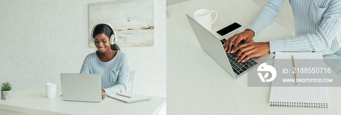 collage of african american freelancer in wireless headphones working on laptop at home, panoramic crop