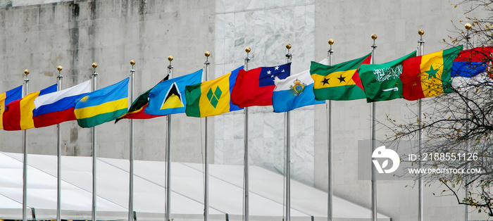 Many national flags flapping in the wind.