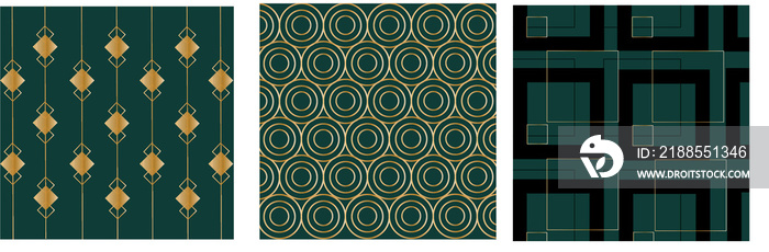 Set of modern patterns in art deco style. Green, black and gold colors. Use in web design, banners, posters, backgrounds.