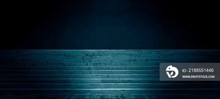 Empty dark abstract cement wall and studio room with stage concrete stairs in the blue interior, success, and growth concept interior texture for display products wall background.