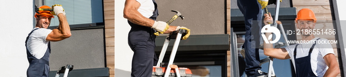 Collage of builders in overalls with hammer and ladder working near facade of building