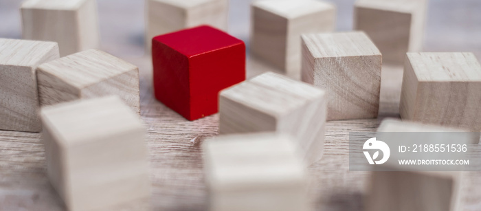 Red cube block different from crowd of wood blocks. Unique Leader, strategy, independence, think different, business and success concept